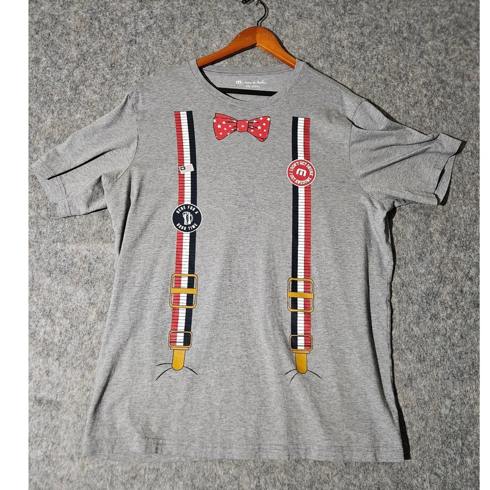 Travis Mathew T-Shirt Mens XXL Gray Suspenders Bow Tie Graphic Pima Cotton